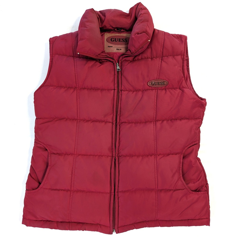 Vintage Guess Puffer Vest Red Down Filled Quilted Sleeveless Jacket 44585 Medium